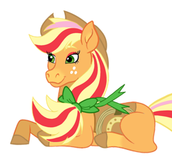 Size: 926x863 | Tagged: safe, artist:geekyzeekv2, artist:lavender-bases, imported from derpibooru, applejack, horse, alternate hair color, applejack's hat, base used, bow, colored hooves, cowboy hat, eyeshadow, female, freckles, gradient legs, gradient muzzle, hair bow, hat, hooves, lasso, lying down, makeup, mare, rope, saddle, simple background, smiling, solo, style emulation, tack, transparent background, wild manes, wild manesified