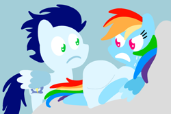 Size: 1935x1285 | Tagged: safe, anonymous artist, derpibooru exclusive, imported from derpibooru, rainbow dash, soarin', pegasus, pony, series:soarindash pregnancy, series:soarindash romantic tales, angry, female, male, mare, pointy ponies, preggo dash, pregnant, shipping, soarindash, stallion, straight, you did this to me