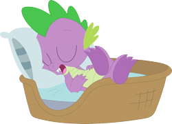 Size: 3567x2575 | Tagged: safe, artist:porygon2z, imported from derpibooru, spike, dragon, bed, eyes closed, hands on belly, male, open mouth, simple background, sleeping, solo, transparent background