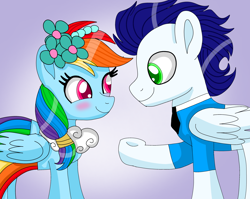 Size: 3290x2617 | Tagged: safe, artist:mrsdashskies, imported from derpibooru, rainbow dash, soarin', pegasus, pony, a canterlot wedding, bridesmaid, bridesmaid dash, bridesmaid dress, clothes, dress, female, male, mare, my little pony, shipping, soarindash, stallion, straight