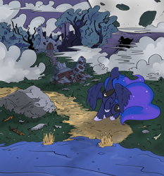 Size: 3351x3600 | Tagged: safe, artist:ponny, imported from derpibooru, princess luna, alicorn, pony, castle, cloud, colored, destroyed, everfree forest, fog, looking back, moon, river, road, rock, solo, spear, sword, tree, water, weapon