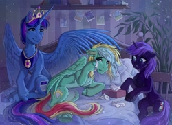 Size: 2048x1489 | Tagged: safe, artist:hakaina, oc, oc only, pony, bed, crying, duo male and female, female, male, mare, stallion