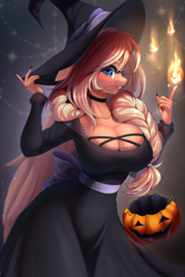 Size: 2000x3000 | Tagged: safe, artist:yuozka, imported from derpibooru, oc, oc only, oc:amber swirl, anthro, pegasus, big breasts, braid, breasts, choker, cleavage, clothes, costume, female, fire, fire magic, halloween, halloween costume, hat, high res, holiday, magic, pail, solo, witch costume, witch hat