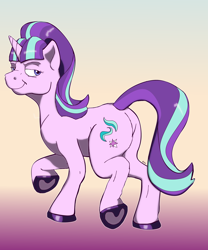 Size: 3024x3626 | Tagged: safe, artist:mcsplosion, imported from derpibooru, starlight glimmer, pony, unicorn, female, gradient background, high res, horn, looking back, mare, raised hoof, s5 starlight, smiling, smirk, solo, standing on two hooves