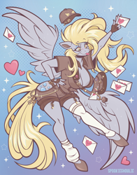 Size: 1650x2100 | Tagged: safe, artist:spookielee, imported from derpibooru, derpy hooves, anthro, pegasus, unguligrade anthro, bag, breasts, busty derpy hooves, clothes, female, hat, heart, letter, mailmare, socks, tongue out