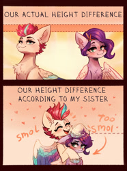 Size: 2174x2928 | Tagged: safe, artist:polnocnykot, imported from derpibooru, pipp petals, zipp storm, pegasus, pony, 2 panel comic, adorapipp, adorazipp, angry, blushing, cheek fluff, chest fluff, chin up, comic, crown, cute, dotted line, duo, duo female, ear fluff, ears up, emanata, eyes closed, feathered wings, female, floppy ears, fluffy, folded wings, frown, funny, g5, grin, heart, hooves, hug, humor, jewelry, laughing, lidded eyes, meme, noogie, open mouth, open smile, pipp is short, pipp is smol, proud, regalia, shoulder fluff, siblings, sisters, sisters being sisters, smiling, smol, smug, spread wings, text, unshorn fetlocks, wings