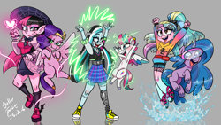 Size: 1280x720 | Tagged: safe, artist:jully-park, imported from derpibooru, izzy moonbow, pipp petals, zipp storm, pegasus, pony, unicorn, crossover, draculaura, female, frankenstein, g5, horn, lagoona blue, monster high, nonbinary