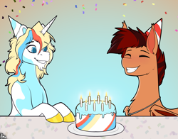 Size: 8389x6589 | Tagged: safe, artist:suchalmy, imported from derpibooru, oc, oc only, oc:autumn dusk, oc:maui, bat pony, unicorn, birthday, cake, food, horn