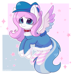 Size: 1400x1500 | Tagged: safe, artist:maravor, imported from derpibooru, oc, oc:miley, pegasus, pony, clothes, colored wings, female, hat, mare, multicolored wings, solo, wings