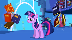 Size: 1920x1080 | Tagged: safe, imported from derpibooru, screencap, twilight sparkle, pony, unicorn, friendship is magic, book, bookshelf, female, horn, levitation, magic, mare, my little pony, solo, telekinesis, twilight's canterlot home, unicorn twilight, window