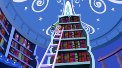 Size: 1920x1080 | Tagged: safe, imported from derpibooru, screencap, spike, dragon, friendship is magic, book, bookshelf, ladder, male, my little pony, solo, twilight's canterlot home