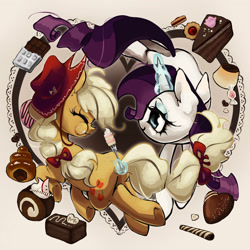 Size: 2153x2153 | Tagged: safe, artist:brainr0tter, imported from derpibooru, applejack, rarity, earth pony, pony, unicorn, cake, candy, chocolate bar, duo, duo female, eating, eyes closed, female, flan, food, fork, glowing, glowing horn, heart, heart background, high res, horn, lesbian, mare, pudding, puffy cheeks, rarijack, shipping