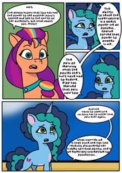 Size: 1131x1600 | Tagged: safe, artist:delilah1_riley, imported from derpibooru, sunny starscout, earth pony, pony, unicorn, comic:pipp the poltergeist, fanfic:pipp the poltergeist, comic, commission, dialogue, duo, duo female, fanfic art, female, g5, horn, implied opaline arcana, implied pipp petals, mane stripe sunny, mare, misty brightdawn, my little pony: tell your tale, outdoors