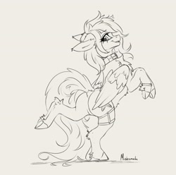 Size: 3476x3452 | Tagged: safe, artist:miokomata, imported from derpibooru, oc, oc only, oc:lunylin, pegasus, pony, bipedal, butt, collar, female, fetlock tuft, grayscale, hock fluff, mare, monochrome, plot, signature, simple background, solo, standing, standing on one leg, white background