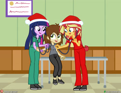 Size: 4000x3090 | Tagged: safe, artist:dieart77, imported from derpibooru, sunset shimmer, twilight sparkle, oc, oc:healing touch, equestria girls, checkup, christmas, clothes, exam table, hat, holiday, nurse, santa hat, scrubs (gear), sphygmomanometer, stethoscope, trio