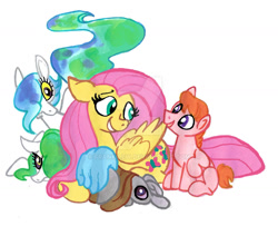 Size: 1280x1038 | Tagged: safe, artist:frankilew, imported from derpibooru, fluttershy, oc, oc:hodgepodge, oc:obsurdity, oc:reason, oc:rhyme, earth pony, hybrid, pegasus, pony, auntie fluttershy, colored sclera, conjoined, deviantart watermark, eyes do not belong there, female, filly, foal, grin, hair over one eye, interspecies offspring, lying down, mare, multiple legs, obtrusive watermark, offspring, parent:discord, parent:princess celestia, parents:dislestia, prone, simple background, sleipnir, smiling, traditional art, watermark, white background, yellow sclera