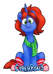 Size: 1868x2595 | Tagged: safe, artist:luximus17, imported from derpibooru, oc, oc only, oc:cyberpon3, pony, unicorn, badge, clothes, eyebrows, eyebrows visible through hair, head tilt, horn, looking at you, male, scarf, simple background, sitting, smiling, smiling at you, socks, stallion, striped scarf, striped socks, text, white background