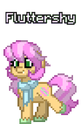 Size: 188x284 | Tagged: safe, artist:salty air, imported from derpibooru, fluttershy, earth pony, pony, pony town, alternate design, bags under eyes, blue scarf, clothes, earth pony fluttershy, fangs, green eyes, green hooves, lavender eyeshadow, pink mane, race swap, redesign, scarf, species swap, trotting, trotting in place, two toned mane, yellow coat