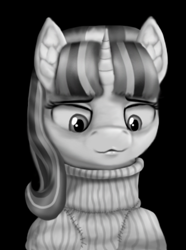 Size: 312x420 | Tagged: safe, imported from derpibooru, starlight glimmer, pony, unicorn, black and white, clothes, dark background, grayscale, horn, monochrome, solo, sweater