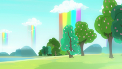 Size: 1920x1080 | Tagged: safe, screencap, campfire tales, background, flower, no pony, rainbow waterfall, scenery, tree, winsome falls