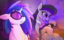 Size: 3613x2284 | Tagged: safe, artist:sleepyhoers, imported from derpibooru, dj pon-3, octavia melody, vinyl scratch, cat, earth pony, pony, unicorn, fanfic:the things tavi says, bowtie, curtains, fanfic art, female, horn, mare, petting, sitting, smiling, synesthesia, talking, vinyl's glasses, window