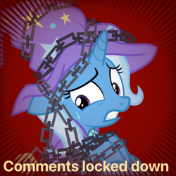 Size: 600x600 | Tagged: safe, imported from derpibooru, trixie, derpibooru, bondage, bound, caption, chains, clothes, floppy ears, hat, image macro, meta, solo, spoiler image, spoilered image joke, sweat, text, trixie's hat, unsexy bondage