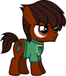 Size: 717x822 | Tagged: safe, artist:lightningbolt, derpibooru exclusive, imported from derpibooru, earth pony, pony, .svg available, angry, clothes, colt, foal, frown, male, ponified, rian dawson, shirt, show accurate, simple background, standing, svg, t-shirt, transparent background, vector