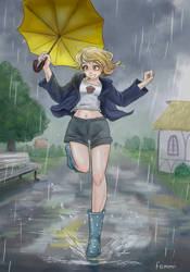 Size: 2893x4133 | Tagged: safe, artist:fomminator, imported from derpibooru, derpy hooves, human, clothes, fanfic, fanfic art, fanfic cover, grin, happy, hoodie, humanized, midriff, puddle, rain, rain boots, shorts, smiling, solo, umbrella