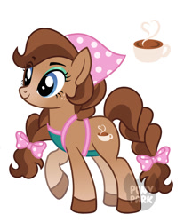 Size: 1724x2000 | Tagged: safe, artist:ponypark, imported from derpibooru, earth pony, pony, alternate hair color, apron, bandana, bow, chocolate, clothes, cocoa (wild manes), colored hooves, cup, cutie mark, eye clipping through hair, eyeshadow, female, food, freckles, gradient legs, gradient muzzle, hair bow, hooves, hot chocolate, makeup, mare, polka dots, ponified, raised hoof, reference, simple background, smiling, smoke, solo, tail, tail bow, white background, wild manes