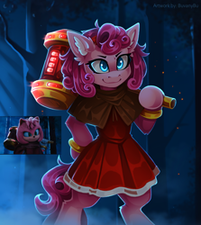 Size: 2232x2500 | Tagged: safe, artist:buvanybu, imported from derpibooru, pinkie pie, hedgehog, amy rose, bipedal, clothes, cosplay, costume, dress, female, forest, hammer, inset, nature, outdoors, sonic the hedgehog (series), tree