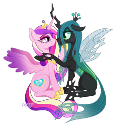 Size: 2100x2200 | Tagged: safe, artist:acidigon, imported from derpibooru, princess cadance, queen chrysalis, alicorn, changeling, pony, cadalis, female, infidelity, lesbian, mare, shipping, simple background, transparent background