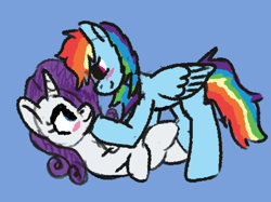 Size: 908x679 | Tagged: safe, artist:zoeyhorse, imported from derpibooru, rainbow dash, rarity, pegasus, pony, unicorn, blue background, blushing, female, horn, lesbian, looking at each other, looking at someone, lying down, mare, missing cutie mark, on back, raridash, shipping, simple background, smiling, smiling at each other