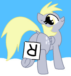 Size: 455x491 | Tagged: safe, artist:purblehoers, imported from derpibooru, derpy hooves, pegasus, pony, bubble butt, butt, cloud, dock, female, folded wings, frog (hoof), holding sign, letter, looking back, mare, plot, r, sky, smiling, solo, standing, tail, text, underhoof, wings