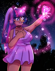 Size: 1545x2000 | Tagged: safe, artist:mylittleyuri, imported from derpibooru, twilight sparkle, human, alicorn humanization, breasts, busty twilight sparkle, cleavage, clothes, dark skin, dress, elf ears, female, glowing, glowing horn, horn, horned humanization, humanized, magic, night, open mouth, open smile, outdoors, short dress, smiling, solo, winged humanization, wings