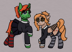 Size: 1565x1120 | Tagged: safe, artist:owslafa, imported from derpibooru, oc, oc only, oc:palette hopper, oc:route hopper, clothes, duo, female, freckles, glasses, mare, rule 63, socks, striped socks