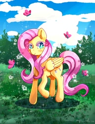 Size: 1545x2000 | Tagged: safe, artist:mylittleyuri, imported from derpibooru, fluttershy, butterfly, pegasus, pony, blush lines, blushing, cute, female, heart, heart eyes, long eyelashes, outdoors, shyabetes, smiling, solo, standing on two hooves, white pupils, wingding eyes