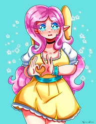 Size: 1545x2000 | Tagged: safe, artist:mylittleyuri, imported from derpibooru, fluttershy, human, big breasts, blush lines, blushing, breasts, busty fluttershy, clothes, dress, elf ears, female, heart, heart eyes, heart hands, humanized, light skin, looking at you, open mouth, simple background, solo, teal background, white pupils, wingding eyes, winged humanization, wings