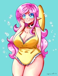 Size: 1545x2000 | Tagged: safe, artist:mylittleyuri, imported from derpibooru, fluttershy, human, big breasts, blush lines, blushing, breasts, busty fluttershy, choker, cleavage, clothes, elf ears, eyebrows, eyebrows visible through hair, female, heart, heart eyes, humanized, light skin, looking at you, one-piece swimsuit, simple background, smiling, smiling at you, solo, swimsuit, teal background, white pupils, wingding eyes