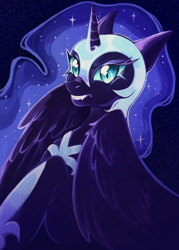 Size: 744x1039 | Tagged: safe, artist:faelitha, imported from derpibooru, nightmare moon, princess luna, alicorn, pony, antagonist, armor, evil, glowing, horn, solo, sparkles, stars, wings