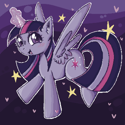 Size: 350x350 | Tagged: safe, artist:faelitha, imported from derpibooru, twilight sparkle, alicorn, pony, digital art, glowing, glowing horn, horn, pixel art, solo, sparkles, stars, wings