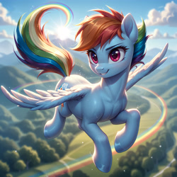 Size: 5120x5120 | Tagged: safe, imported from twibooru, rainbow dash, pegasus, pony, ai generated, blurry background, female, flying, generator:bluefox mix, image, looking at something, mare, needs more jpeg, prompt in description, prompter:derp621, rainbow, raised tail, short hair, smiling, smiling at something, solo, spread wings, sun, sweat, tail, toned, toned female, trail, wings