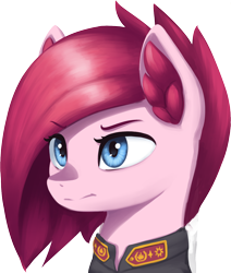 Size: 1320x1560 | Tagged: safe, alternate version, artist:mrscroup, imported from derpibooru, pinkie pie, earth pony, pony, equestria at war mod, bust, clothes, ear fluff, epaulettes, military uniform, pinkamena diane pie, portrait, simple background, solo, transparent background, uniform