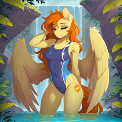 Size: 1024x1024 | Tagged: safe, imported from twibooru, spitfire, anthro, pegasus, ai generated, alternate hairstyle, breasts, chest fluff, clothes, eyes closed, female, image, one-piece swimsuit, partially open wings, partially submerged, png, prompter:teaspoon, shoulder fluff, smiling, solo, spread wings, swimsuit, water, waterfall, wet, wet mane, wings