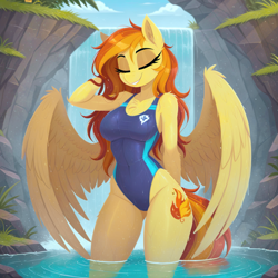 Size: 1024x1024 | Tagged: safe, alternate version, imported from twibooru, spitfire, anthro, pegasus, ai generated, alternate hairstyle, breasts, chest fluff, clothes, eyes closed, female, image, one-piece swimsuit, partially open wings, partially submerged, png, prompter:teaspoon, shoulder fluff, smiling, solo, spread wings, swimsuit, water, waterfall, wet, wet mane, wings