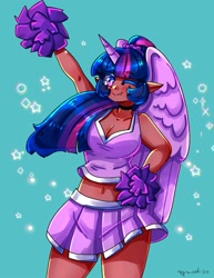 Size: 1545x2000 | Tagged: safe, artist:mylittleyuri, imported from derpibooru, twilight sparkle, human, alicorn humanization, belly, belly button, blush lines, blushing, breasts, busty twilight sparkle, cheerleader, cheerleader outfit, cleavage, clothes, dark skin, elf ears, female, hand on hip, heart, heart eyes, horn, horned humanization, humanized, looking at you, midriff, one eye closed, pom pom, simple background, skirt, smiling, smiling at you, teal background, white pupils, wingding eyes, winged humanization, wings, wink, winking at you