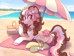 Size: 3000x2250 | Tagged: safe, artist:dandy, artist:pwnyville, imported from derpibooru, oc, oc only, oc:bella meadows, earth pony, pony, beach, beach towel, clothes, coat markings, collaboration, dock, ear fluff, earth pony oc, eyeshadow, female, flower, flower in hair, high res, looking at you, lying down, makeup, ocean, picnic blanket, sand, sky, socks, socks (coat markings), solo, surprised, tail, umbrella, unshorn fetlocks, water