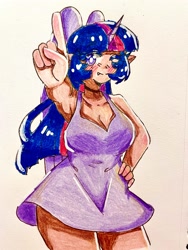 Size: 1500x2000 | Tagged: safe, artist:mylittleyuri, imported from derpibooru, twilight sparkle, human, alicorn humanization, big breasts, blush lines, blushing, breasts, busty twilight sparkle, cleavage, clothes, colored pencil drawing, dress, elf ears, eyebrows, eyebrows visible through hair, female, hand on hip, heart, heart eyes, horn, horned humanization, humanized, looking at you, one eye closed, short dress, snaggletooth, tan skin, traditional art, white pupils, wingding eyes, winged humanization, wings, wink, winking at you