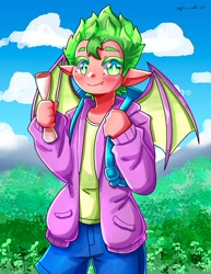 Size: 1545x2000 | Tagged: safe, artist:mylittleyuri, imported from derpibooru, spike, dragon, human, backpack, blush lines, blushing, clothes, cloud, elf ears, eyebrows, eyebrows visible through hair, g4, grass, grass field, human spike, humanized, jacket, light skin, looking at you, male, mountain, outdoors, scroll, sky, snaggletooth, solo, white pupils, wingding eyes, winged humanization, winged spike, wings