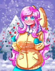 Size: 1545x2000 | Tagged: safe, artist:mylittleyuri, imported from derpibooru, fluttershy, human, blush lines, blushing, breasts, busty fluttershy, christmas, christmas tree, clothes, elf ears, eye clipping through hair, eyebrows, eyebrows visible through hair, female, heart, heart eyes, holiday, humanized, jacket, light skin, mittens, outdoors, smiling, snow, snowfall, tree, white pupils, wingding eyes, winged humanization, wings