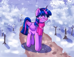 Size: 2000x1555 | Tagged: safe, artist:mylittleyuri, imported from derpibooru, twilight sparkle, alicorn, pony, blush lines, blushing, clothes, female, heart, heart eyes, looking at you, mare, outdoors, scarf, smiling, smiling at you, snow, snowfall, twilight sparkle (alicorn), white pupils, wingding eyes, winter